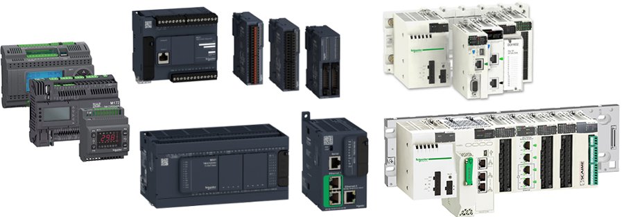 Modicon гэр бүл: зүүнээс — M171/M172 (HVAC, насос), дунд — машин автоматжуулалтын цуврал, баруун — M340/M580 рэк суурьт PAC